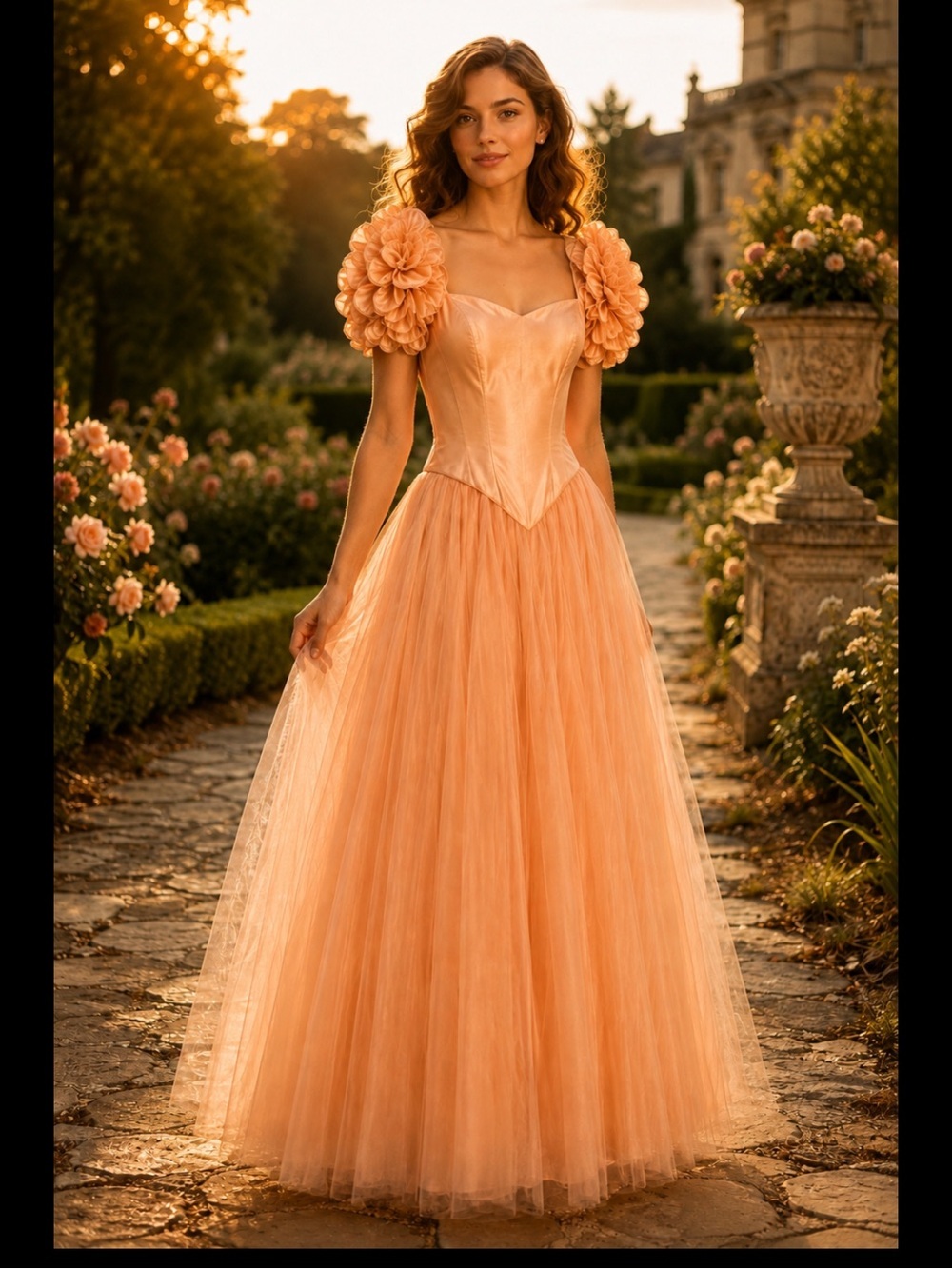 Vintage Peach Satin Tulle Gown Rosette Puff Sleeve Princess Fairycore Formal